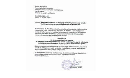 Obavijest o ovlaštenju za obavljanje postupka posredovanja između bračnih partnera prije pokretanja postupka za razvod braka.