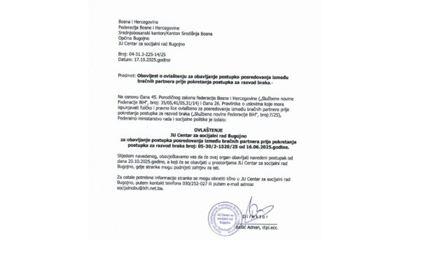 Obavijest o ovlaštenju za obavljanje postupka posredovanja između bračnih partnera prije pokretanja postupka za razvod braka.